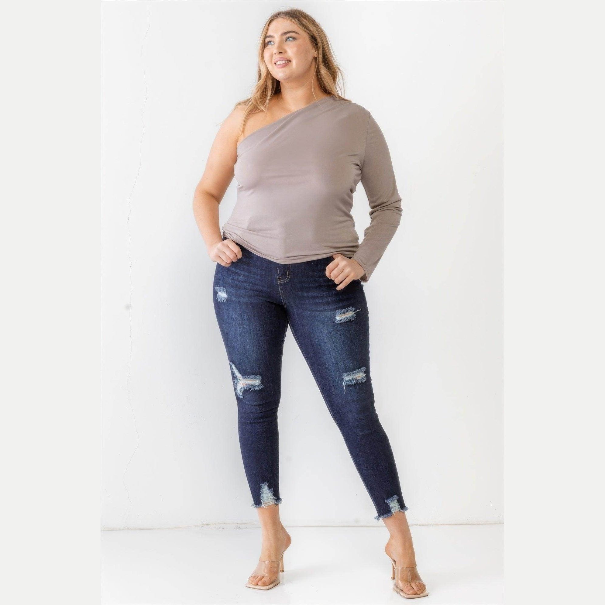 Plus Mocha Textured One Shoulder Top - VacationGrabs
