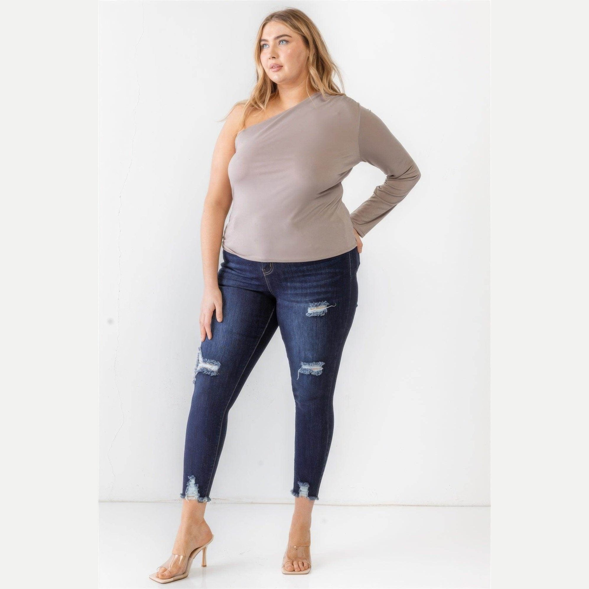 Plus Mocha Textured One Shoulder Top - VacationGrabs