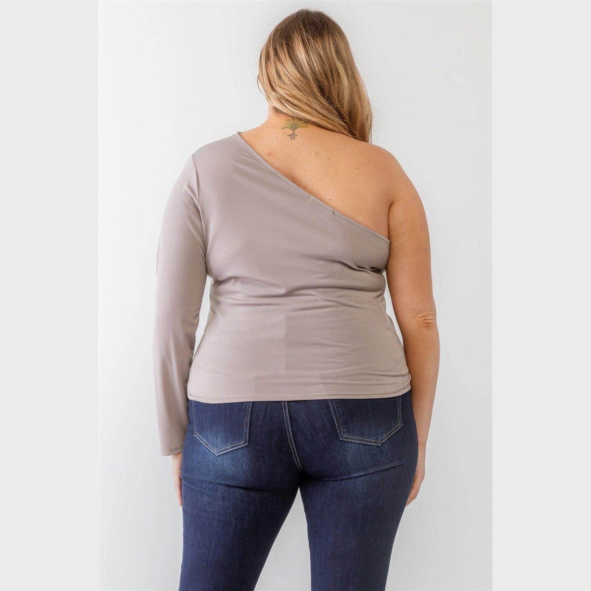 Plus Mocha Textured One Shoulder Top - VacationGrabs