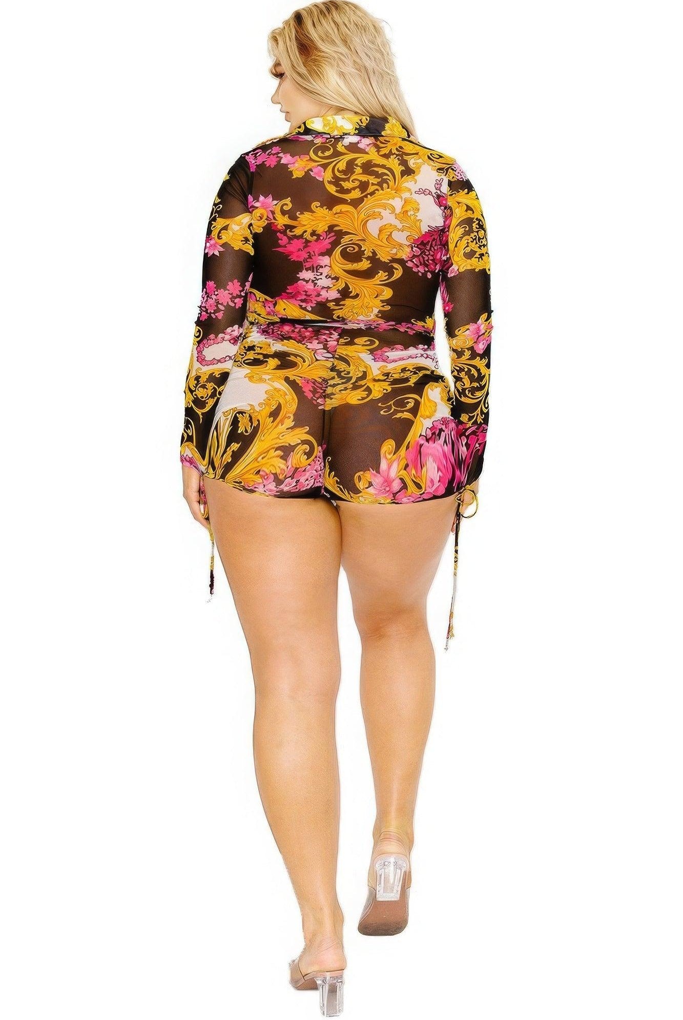 Women's Jumpsuits & Rompers Plus Gold & Floral Pattern Print Belted Romper