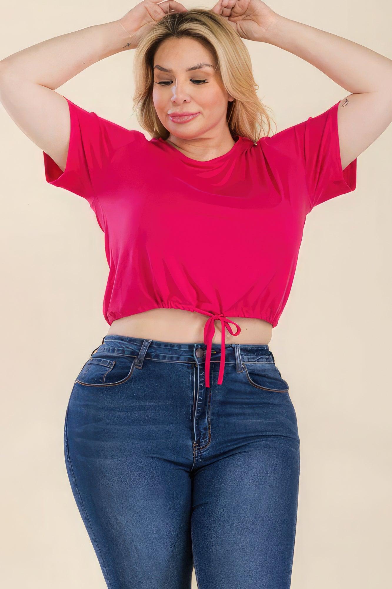 Women's Shirts Plus Size Tie Front Drawstring Short Sleeve Crop Top