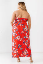 Women's Dresses Plus Red Rose Print Ruched Strapless Midi Dress