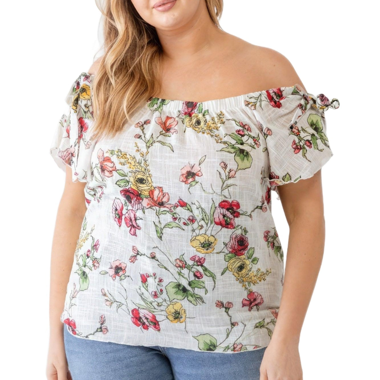 Women's Shirts Plus Ivory Floral Print Woven Linen Blend Off-the-shoulder Relax Top