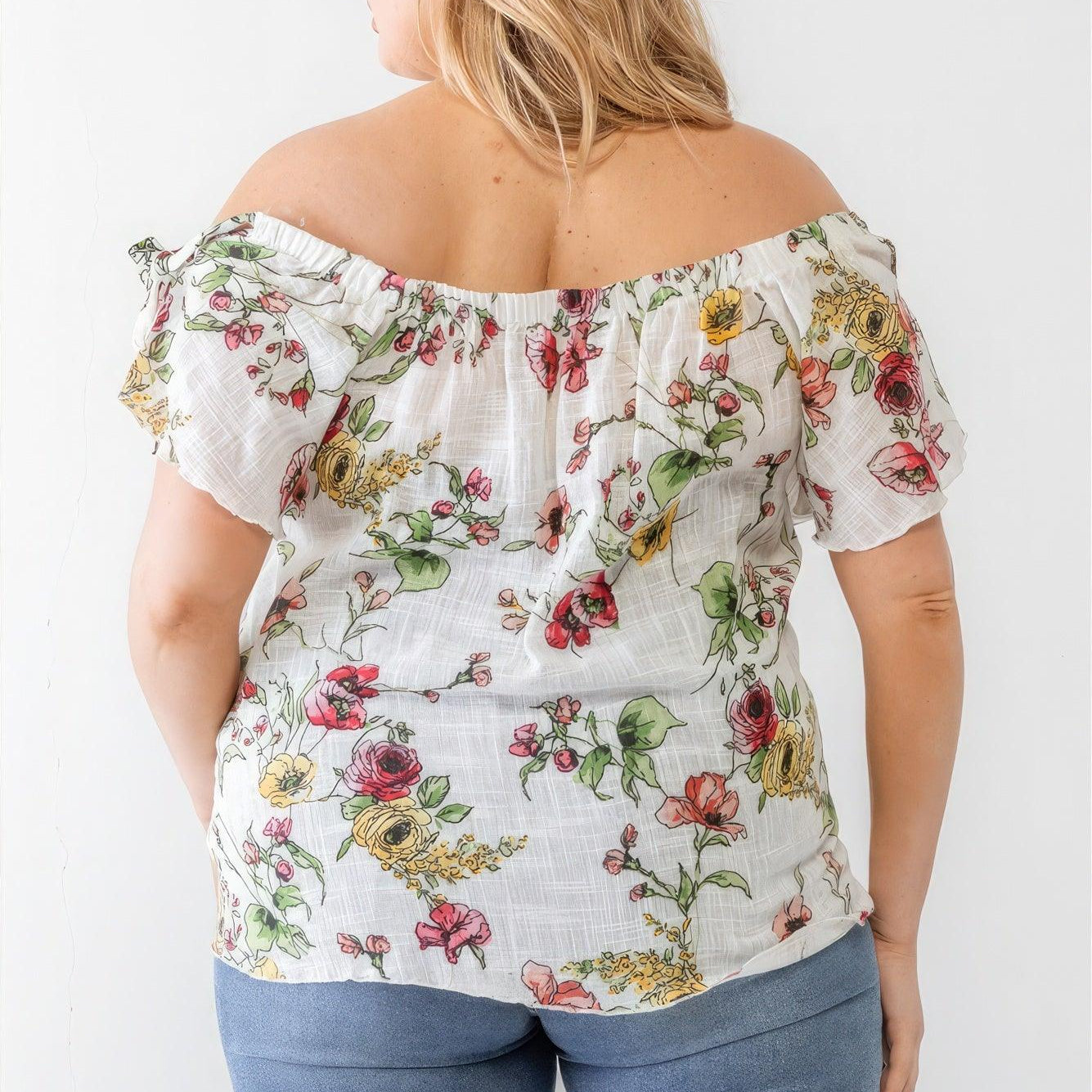 Women's Shirts Plus Ivory Floral Print Woven Linen Blend Off-the-shoulder Relax Top