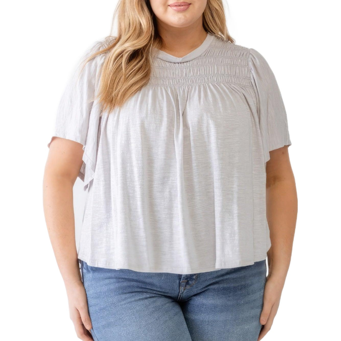 Women's Shirts Plus Grey Cotton Blend Smoked Short Sleeve Top