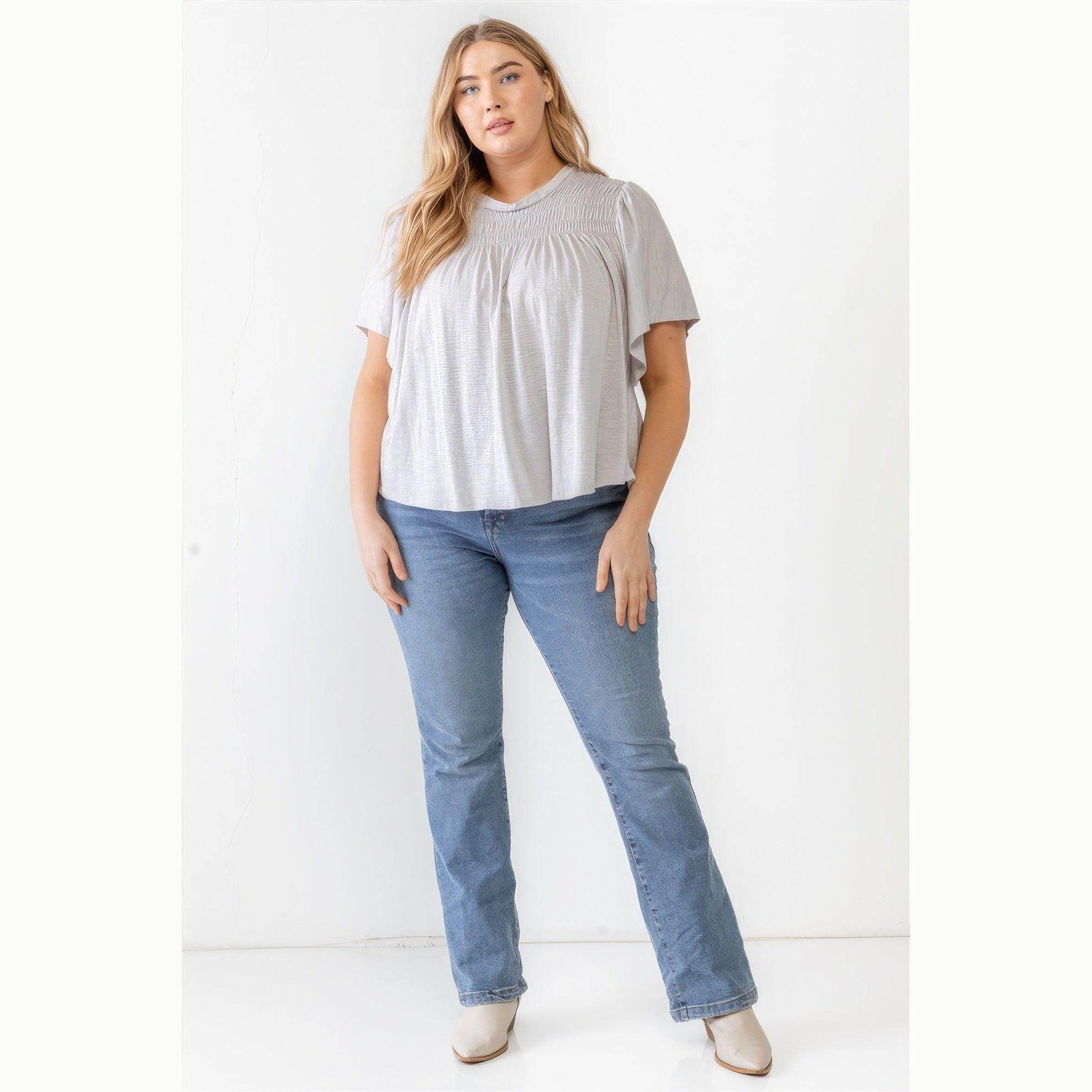 Plus Grey Cotton Blend Smoked Short Sleeve Top - VacationGrabs