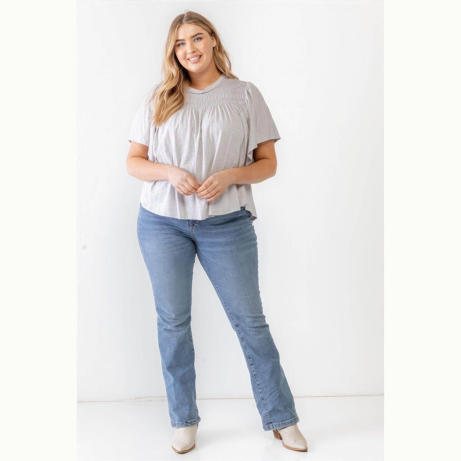 Plus Grey Cotton Blend Smoked Short Sleeve Top - VacationGrabs