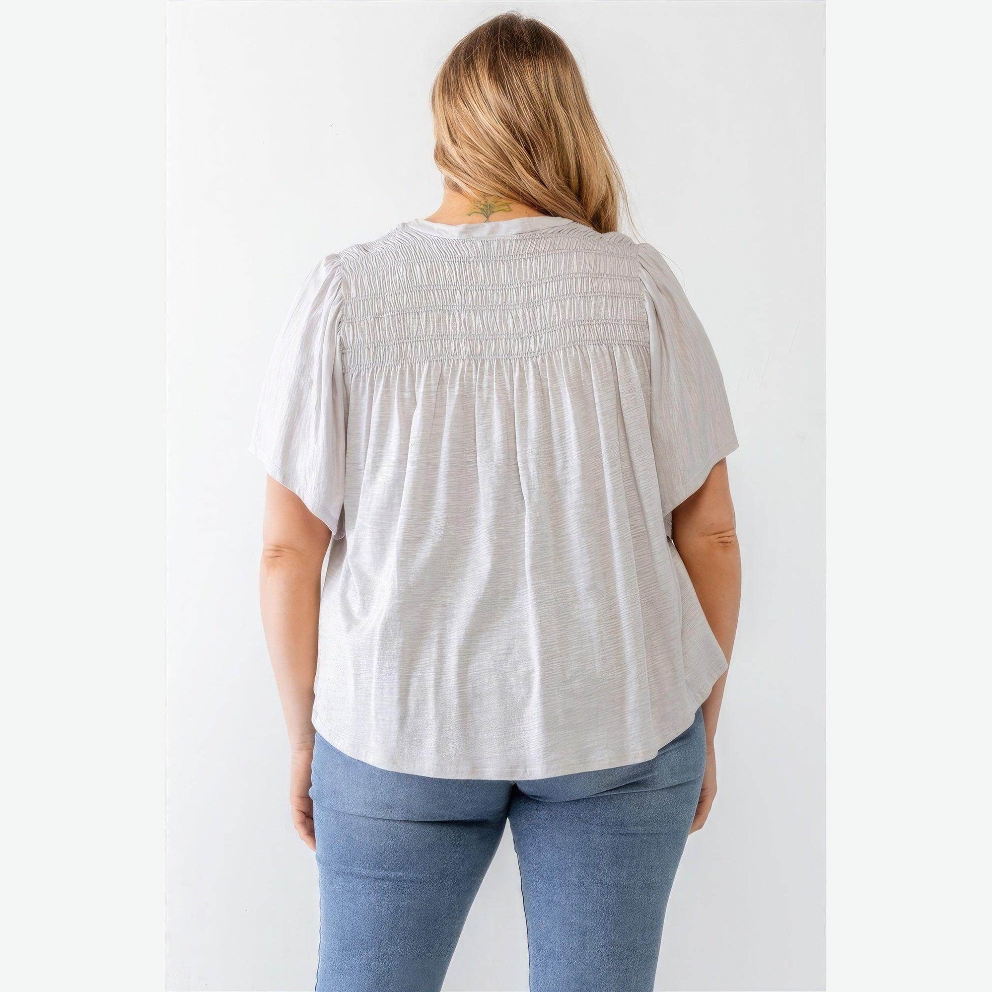 Plus Grey Cotton Blend Smoked Short Sleeve Top - VacationGrabs