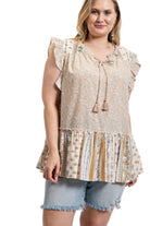 Women's Shirts Woven Prints Mixed And Sleeveless Flutter Top With Tassel Tie