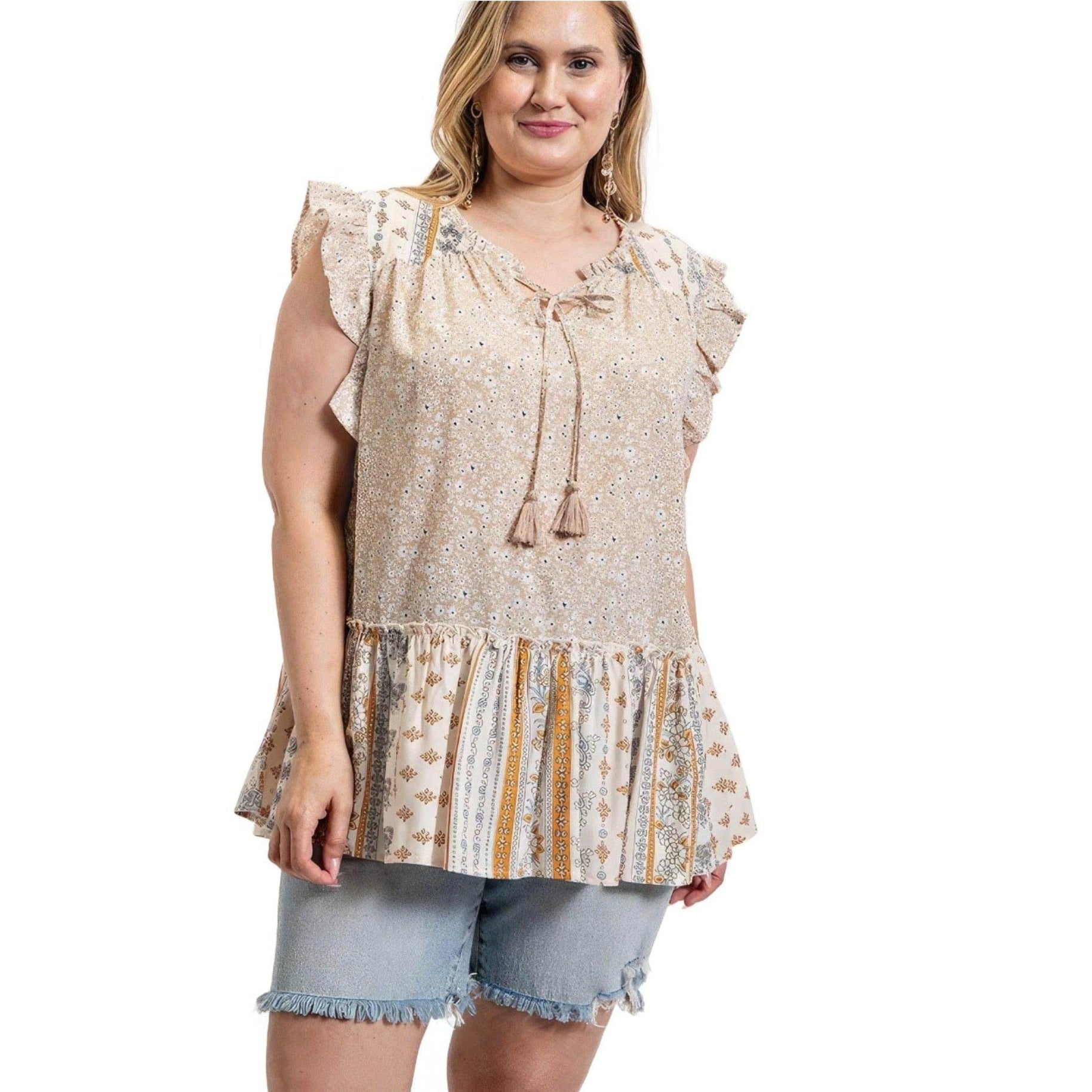 Woven Prints Mixed And Sleeveless Flutter Top With Tassel - VacationGrabs