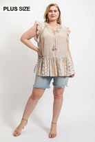 Women's Shirts Woven Prints Mixed And Sleeveless Flutter Top With Tassel Tie