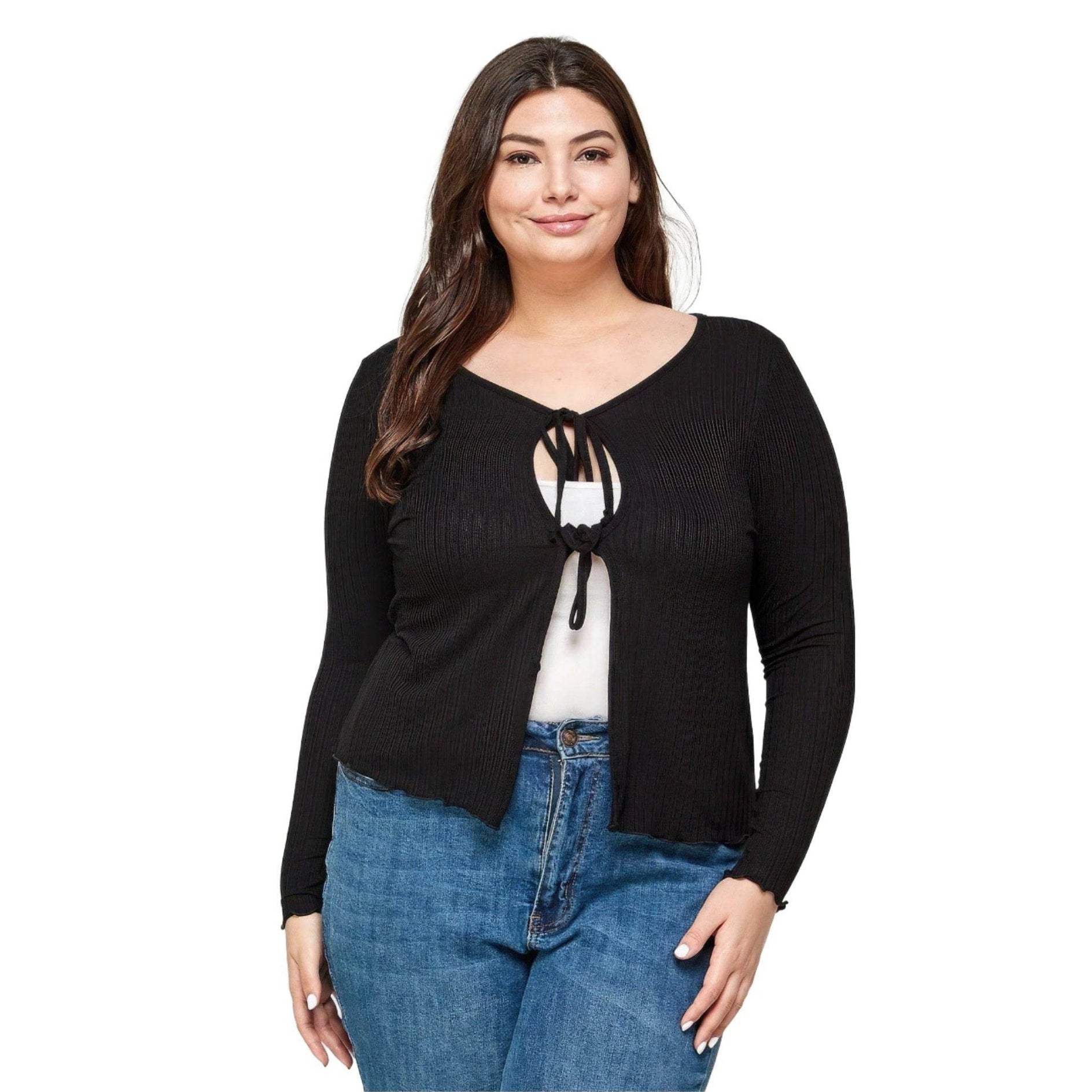 Solid Black Ribbed Pointelle Cardigan - VacationGrabs