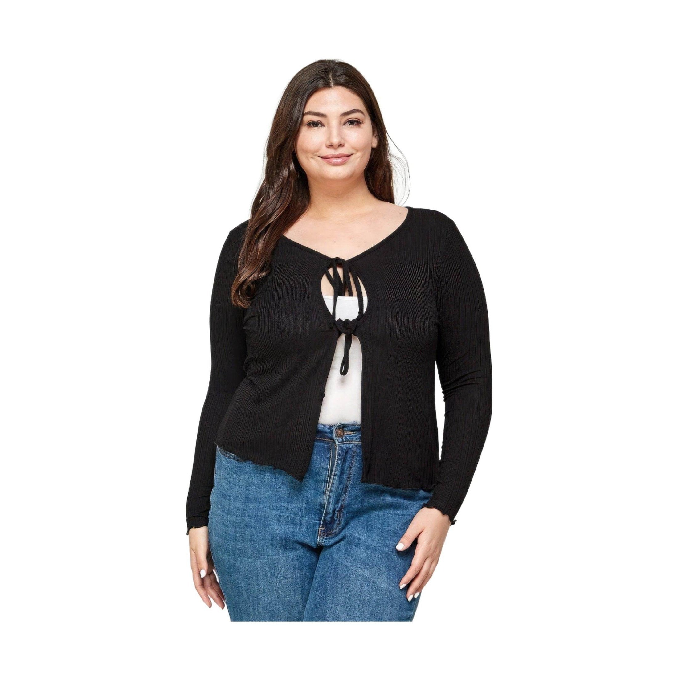 Solid Black Ribbed Pointelle Cardigan - VacationGrabs