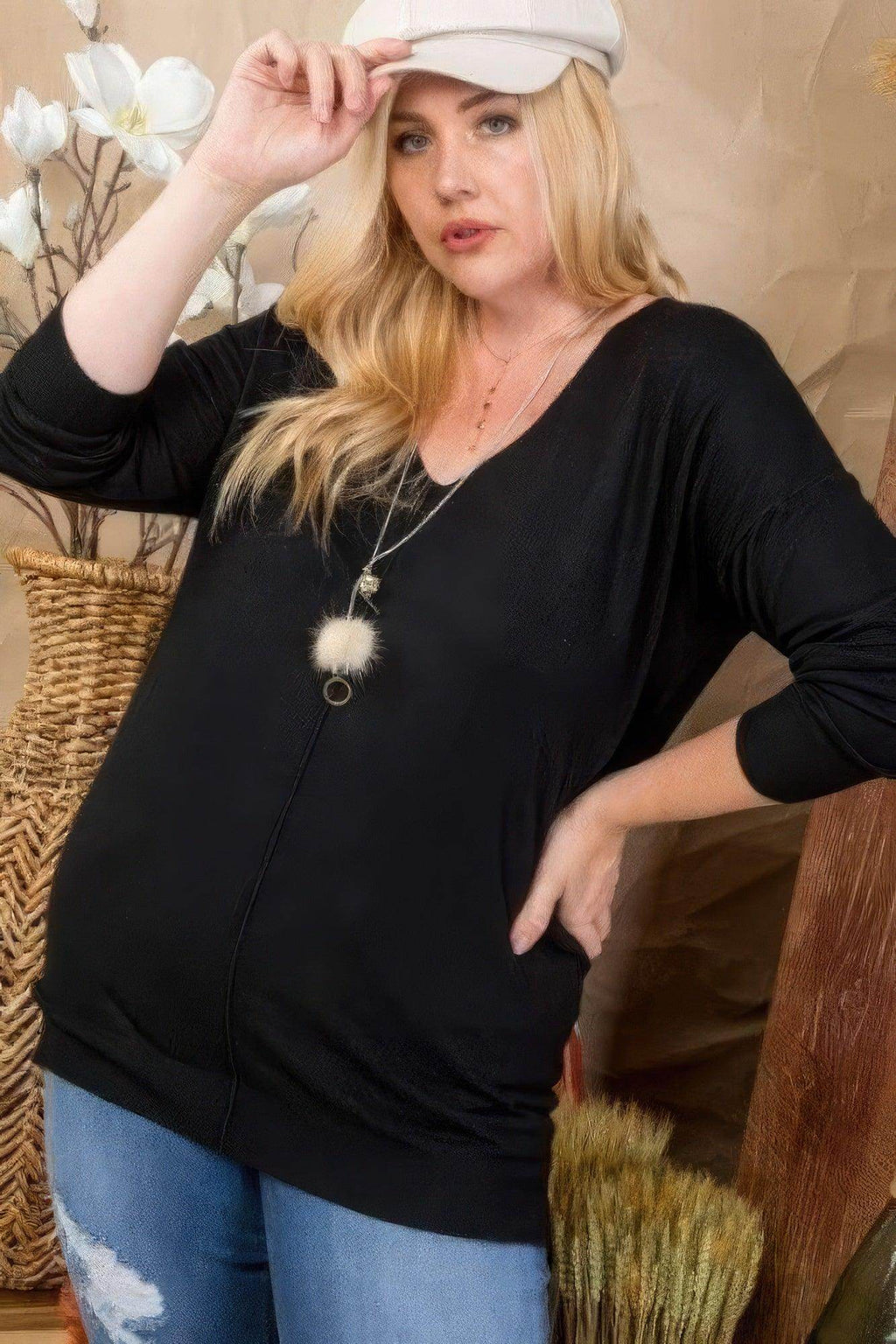 Plus Size V Neck 3/4 Sleeve Side Slit Hi-lo Sweater - VacationGrabs