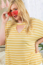 Women's Shirts Drop Shoulder Roll Up Short Sleeve Choker Neck Stripe Print Top