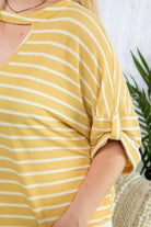Women's Shirts Drop Shoulder Roll Up Short Sleeve Choker Neck Stripe Print Top