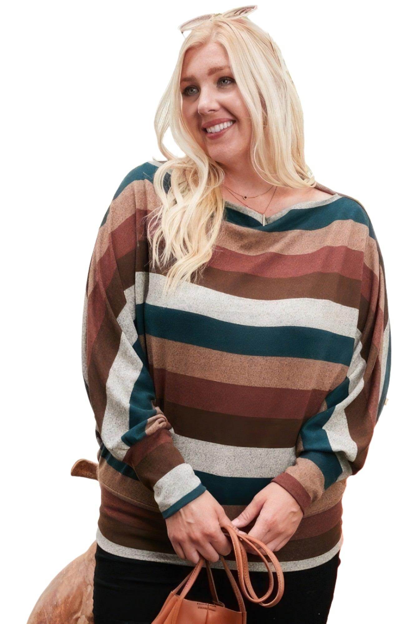 Boat Neck Long Bubble Sleeve Multi Stripe Print Knit Top - VacationGrabs