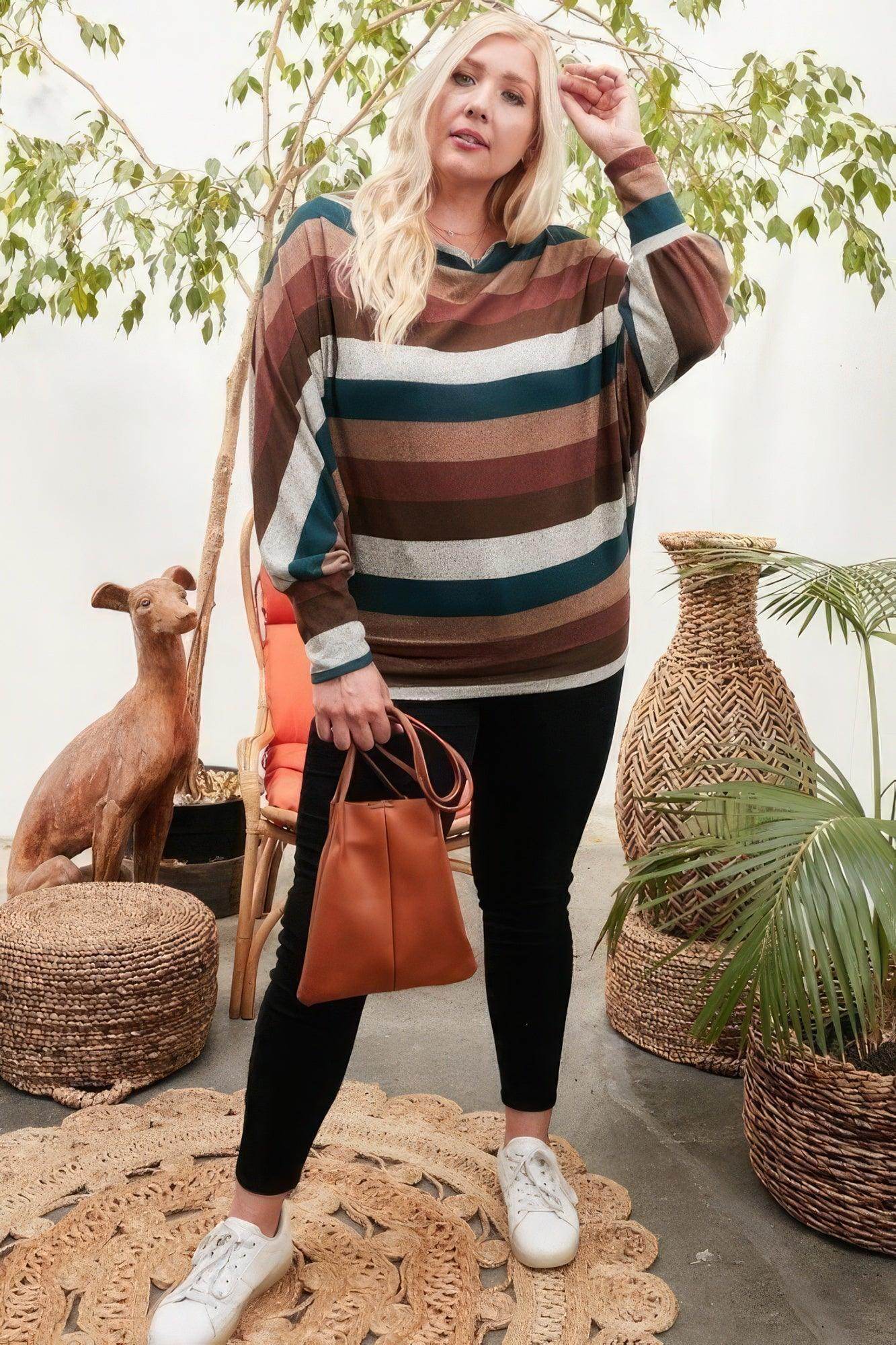 Boat Neck Long Bubble Sleeve Multi Stripe Print Knit Top - VacationGrabs