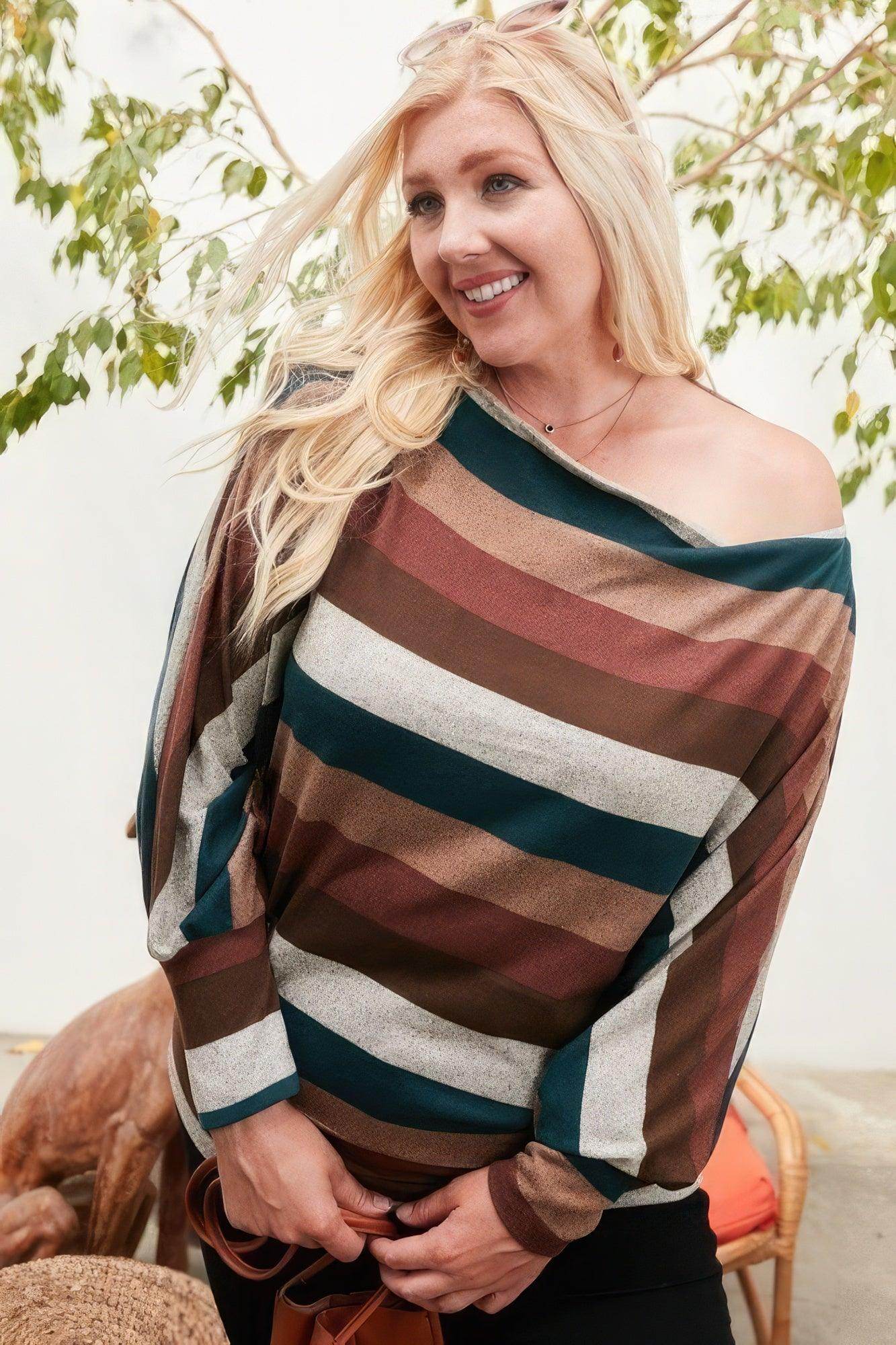 Boat Neck Long Bubble Sleeve Multi Stripe Print Knit Top - VacationGrabs