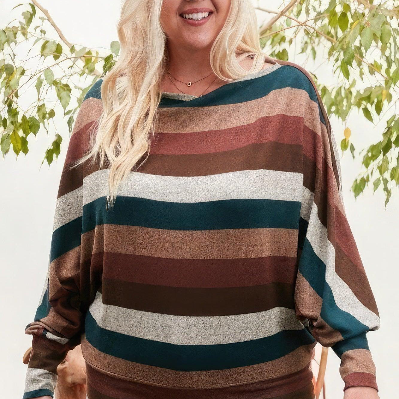 Women's Shirts Boat Neck Long Bubble Sleeve Multi Stripe Print Knit Top