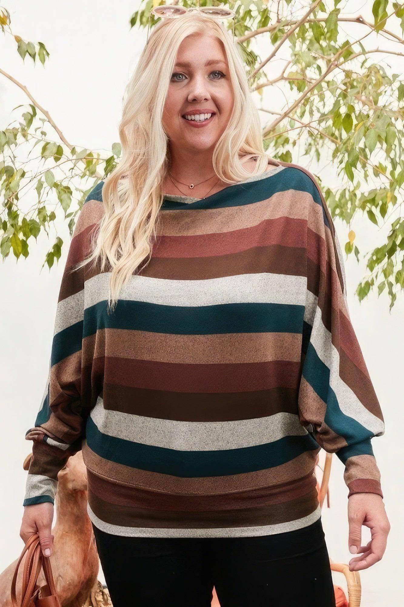 Boat Neck Long Bubble Sleeve Multi Stripe Print Knit Top - VacationGrabs