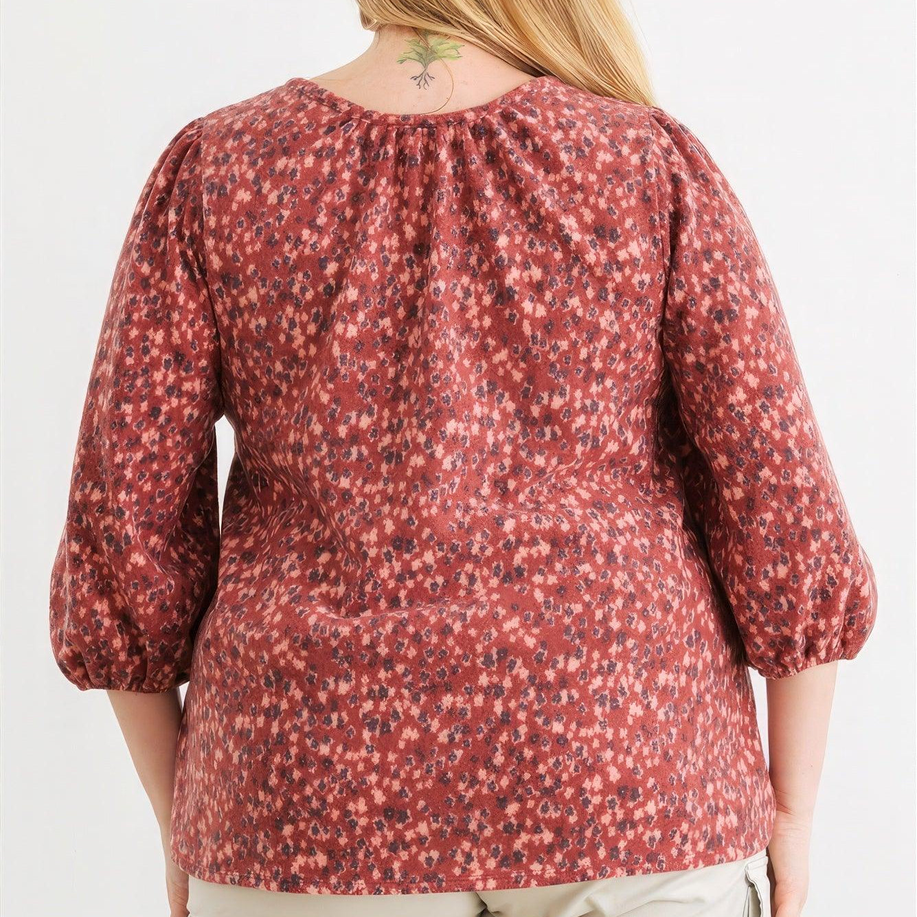 Women's Shirts Plus Burgundy Floral V-neck Midi Sleeve Soft To Touch Top