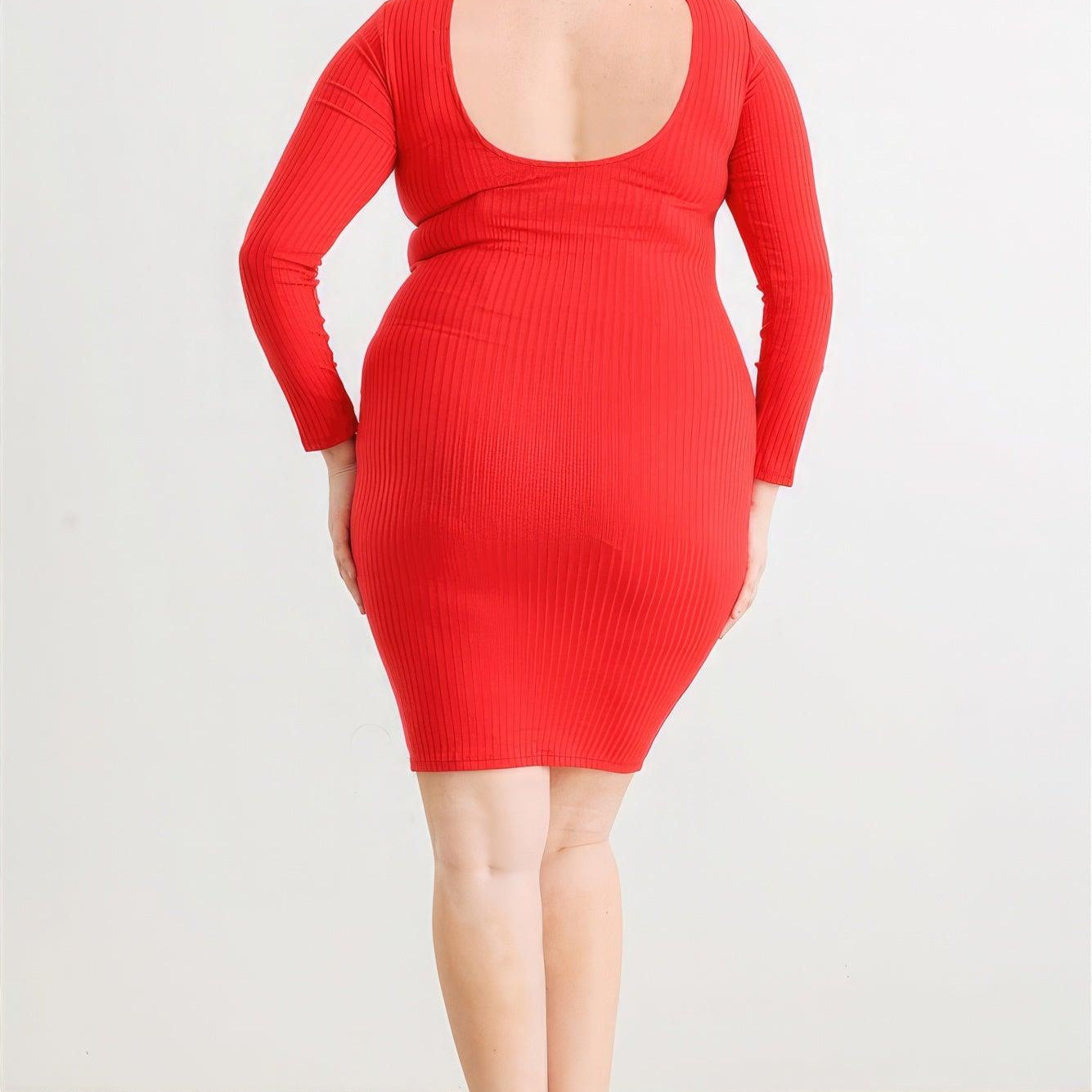 Women's Dresses Plus Red Ribbed Long Sleeve Mock Neck Cut-out Back Midi Dress