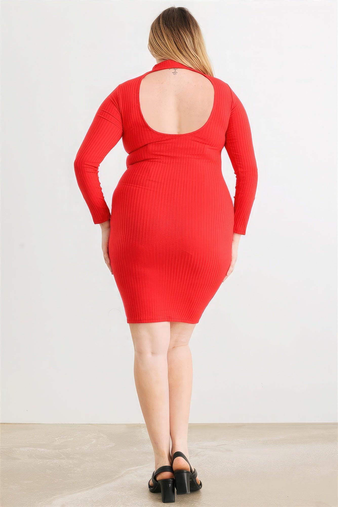 Women's Dresses Plus Red Ribbed Long Sleeve Mock Neck Cut-out Back Midi Dress