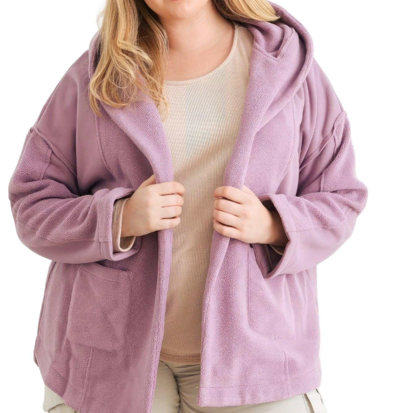 Women's Sweaters - Cardigans Plus Two Pocket Open Front Soft To Touch Hooded Cardigan Jacket