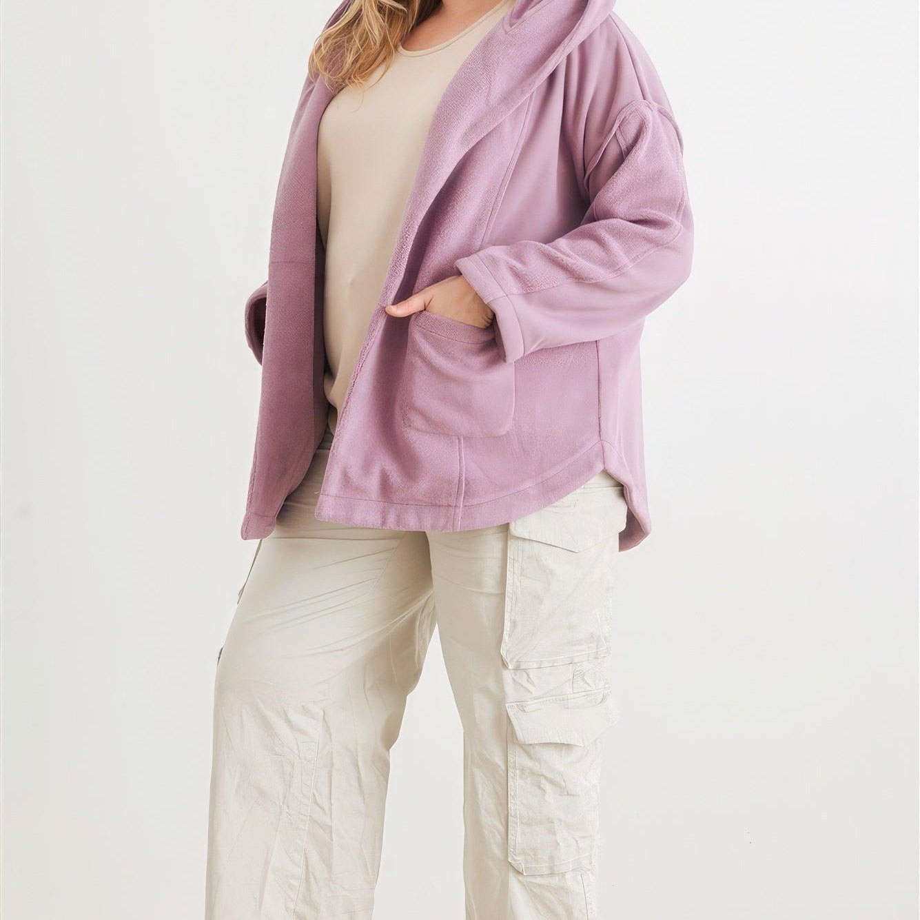 Women's Sweaters - Cardigans Plus Two Pocket Open Front Soft To Touch Hooded Cardigan Jacket