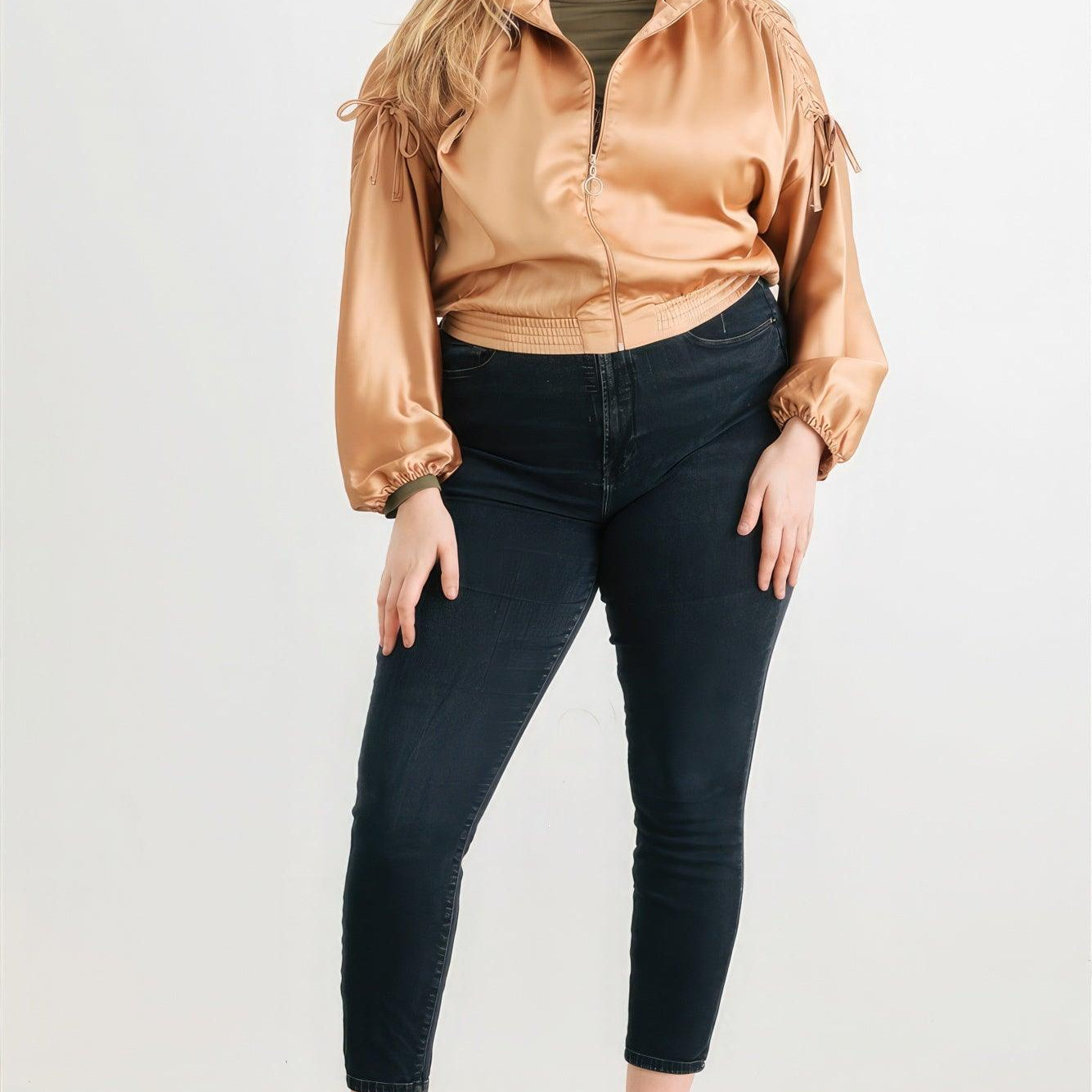  Plus Satin Zip-up Ruched Long Sleeve Cropped Bomber Jacket