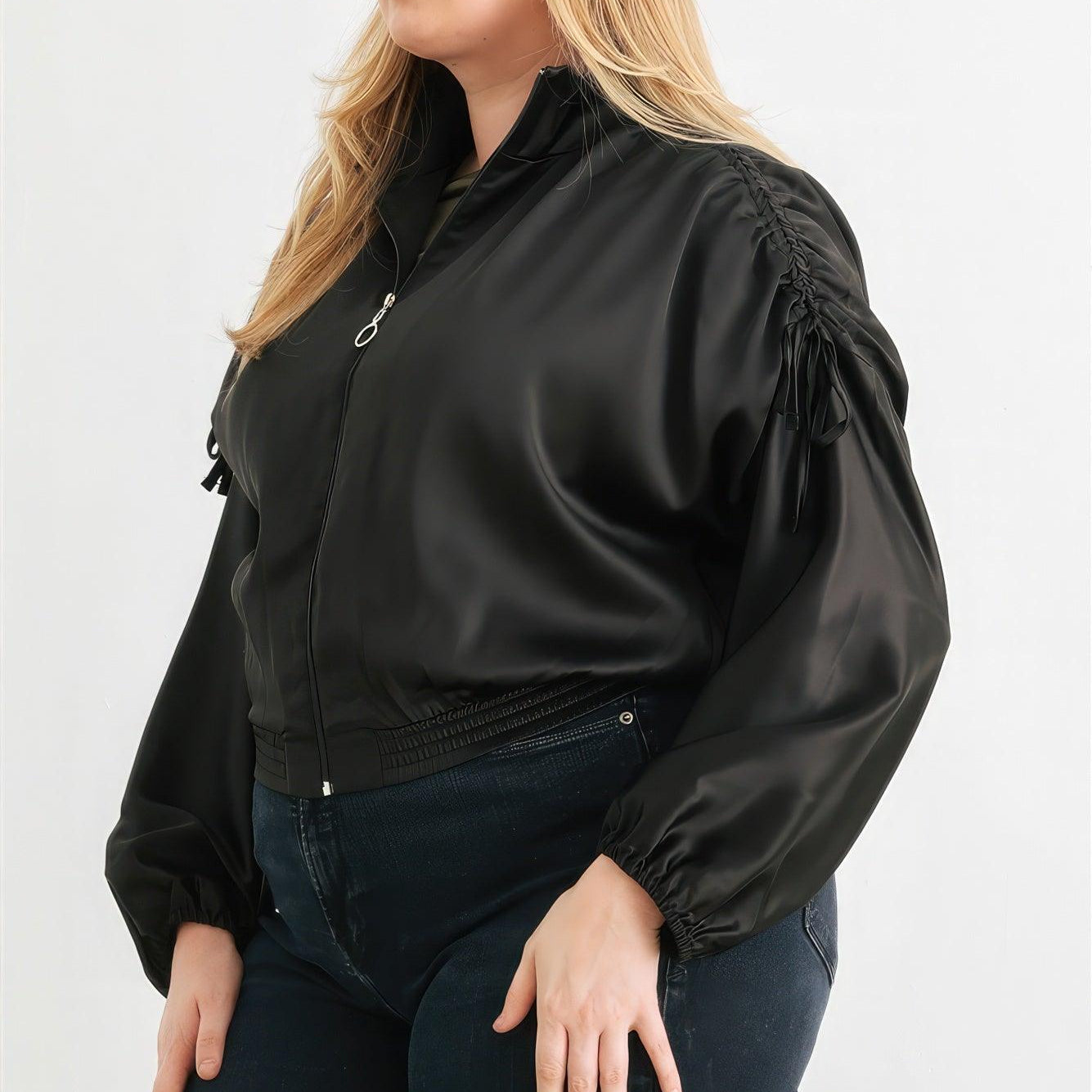  Plus Satin Zip-up Ruched Long Sleeve Cropped Bomber Jacket