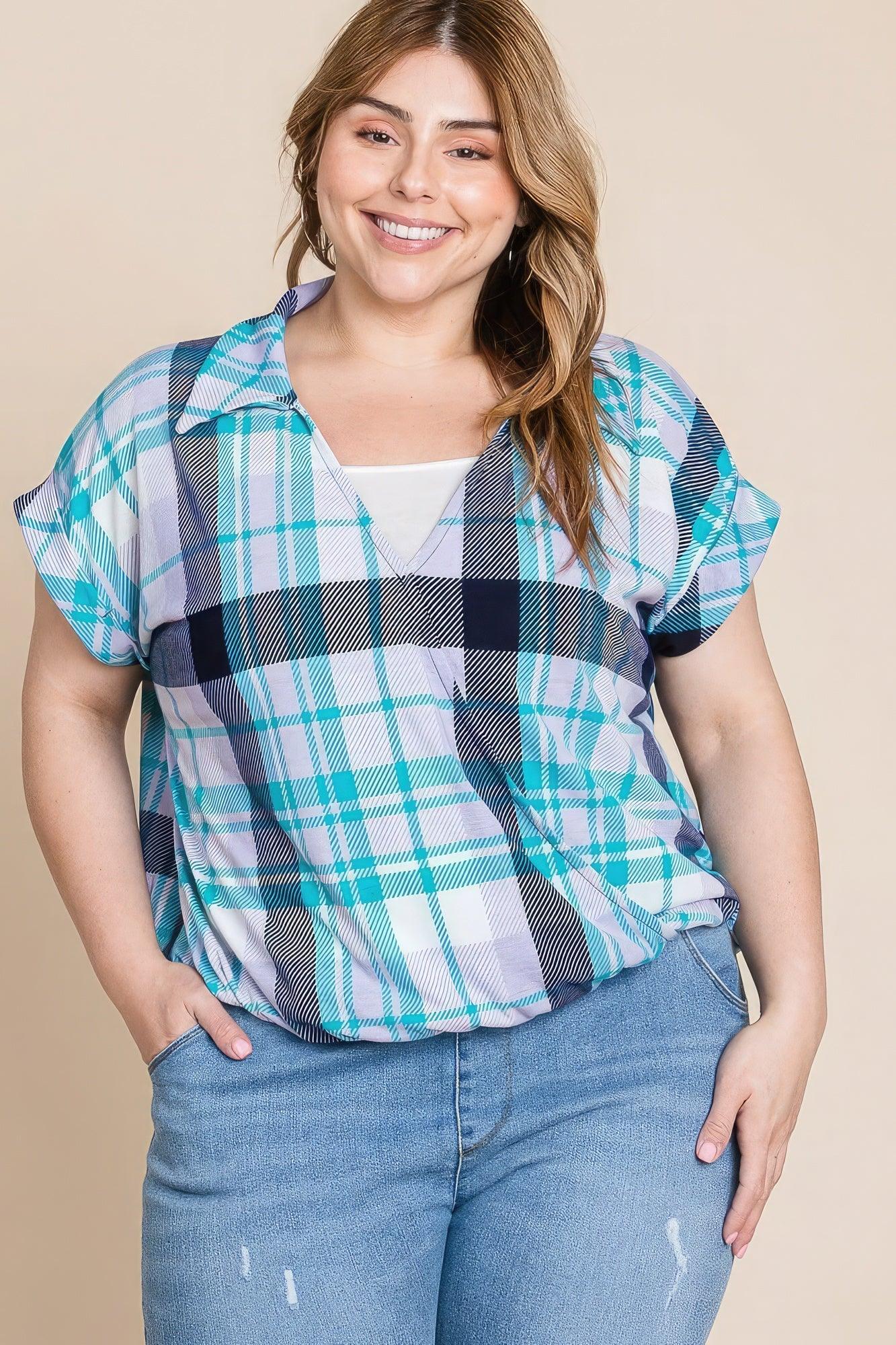 Women's Shirts Plus Size Multi Colored Check Printed Casual Collared Short Sleeve Top