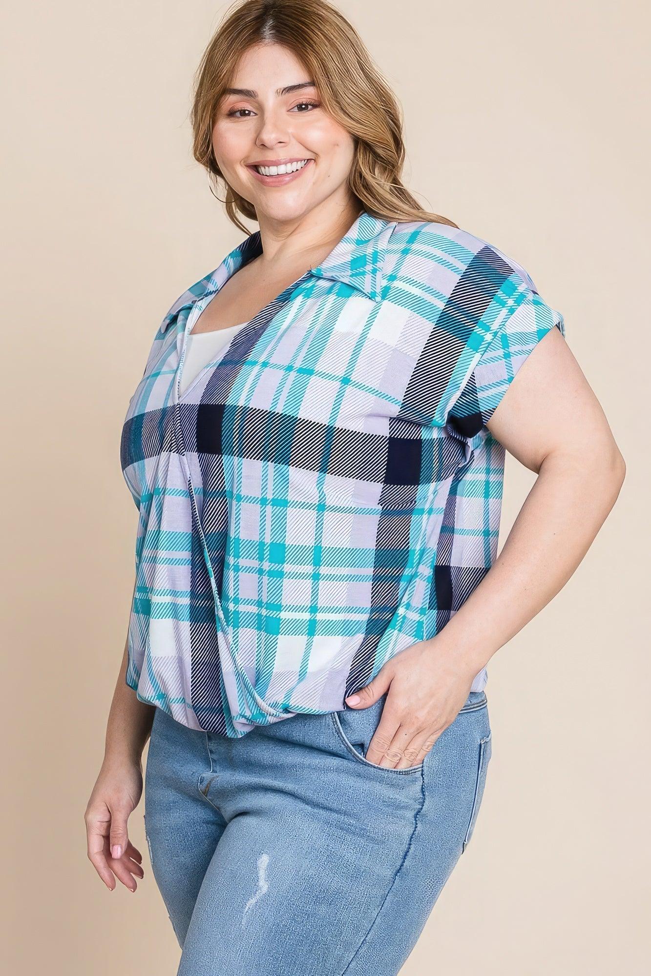 Women's Shirts Plus Size Multi Colored Check Printed Casual Collared Short Sleeve Top
