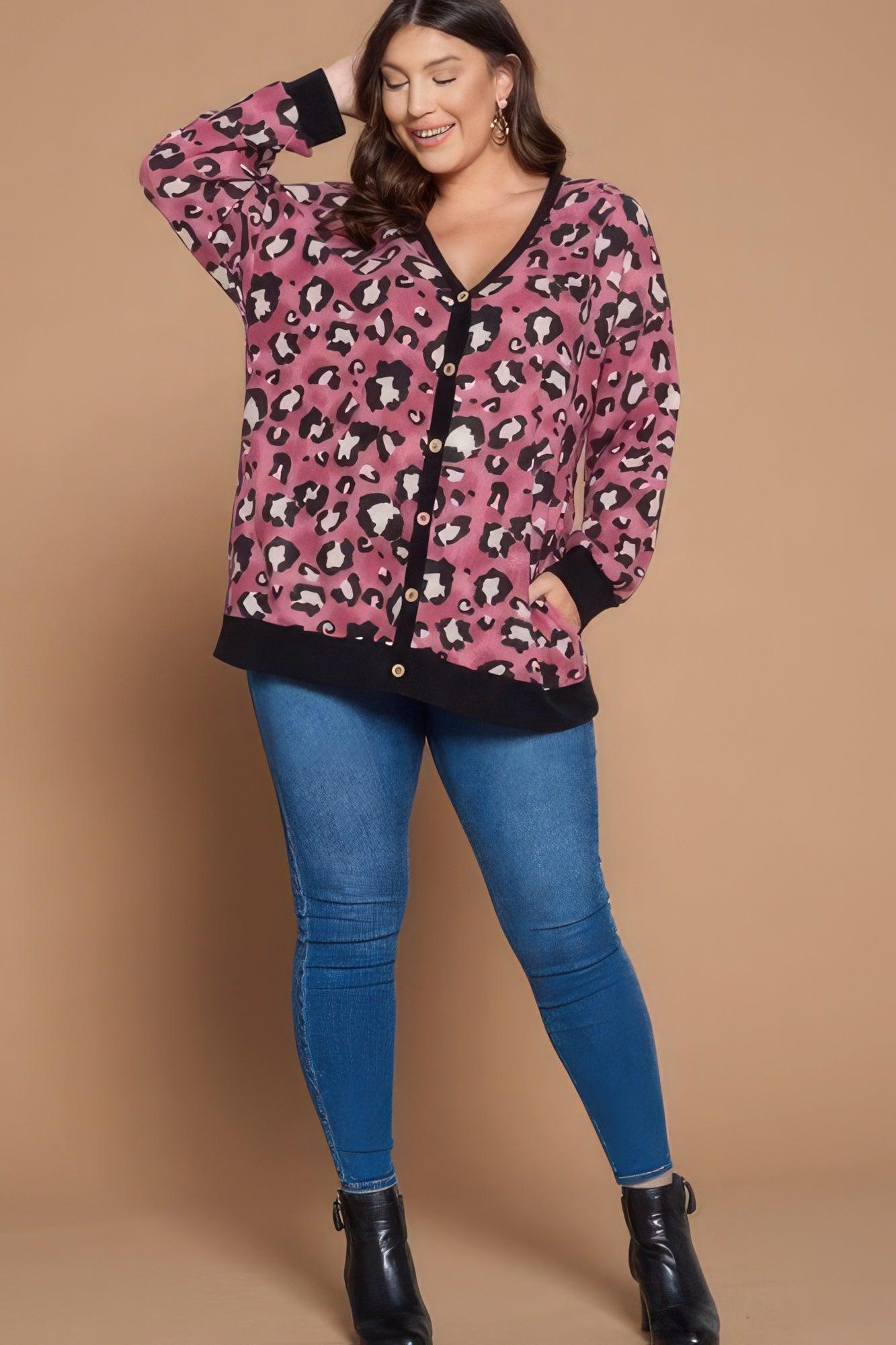 Women's Sweaters - Cardigans Plus Size Cozy Animal Mir Print With Brush Button Up Cardigan