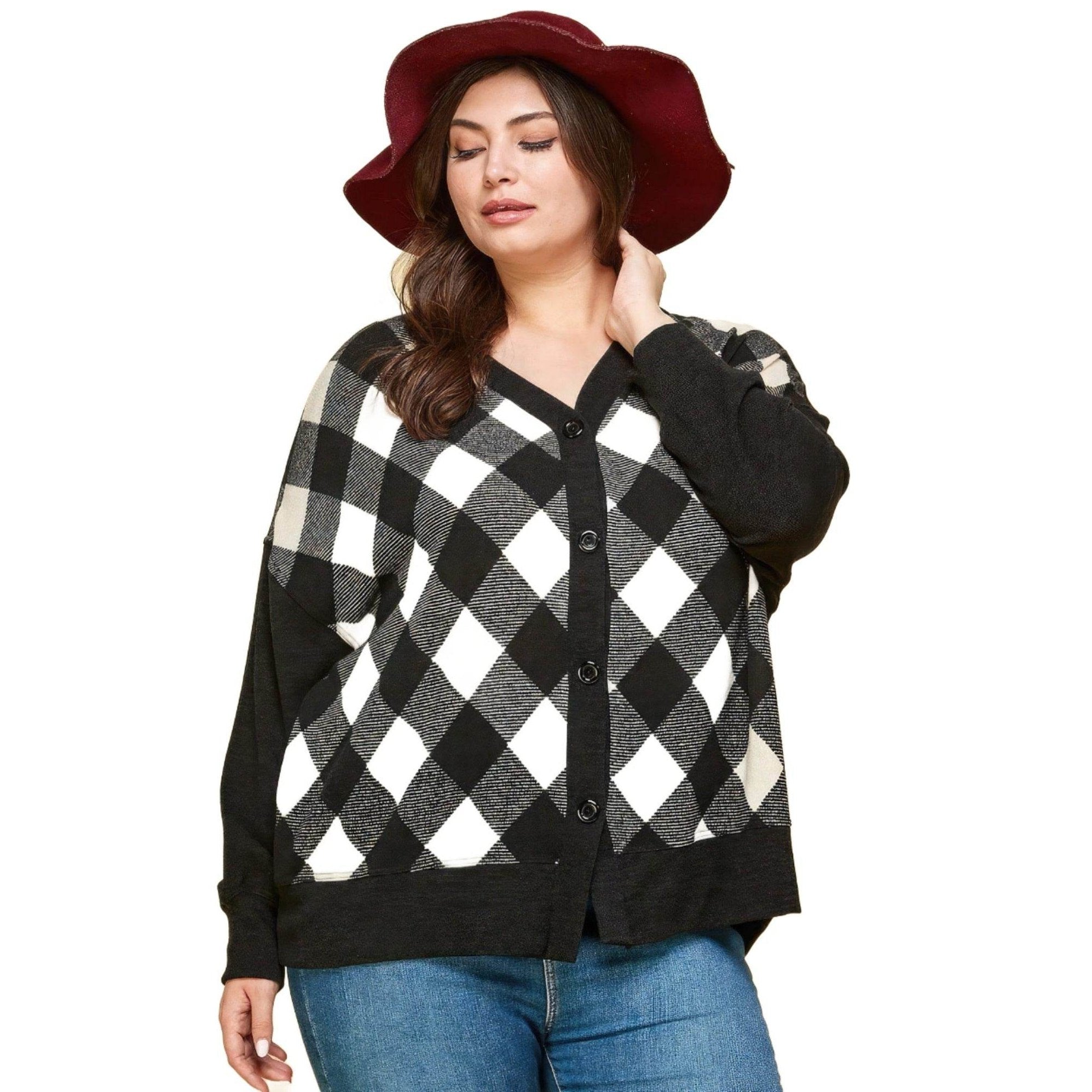 Plus Size Buffalo Plaid Knit Button Up Oversize Cardigan - VacationGrabs