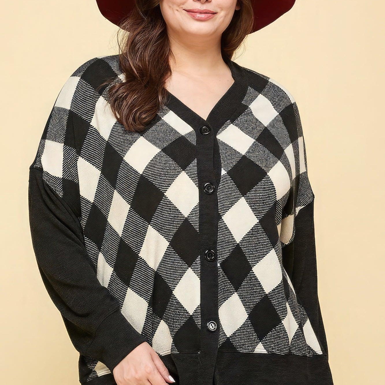 Women's Sweaters - Cardigans Plus Size Buffalo Plaid Knit Button Up Oversize Cardigan
