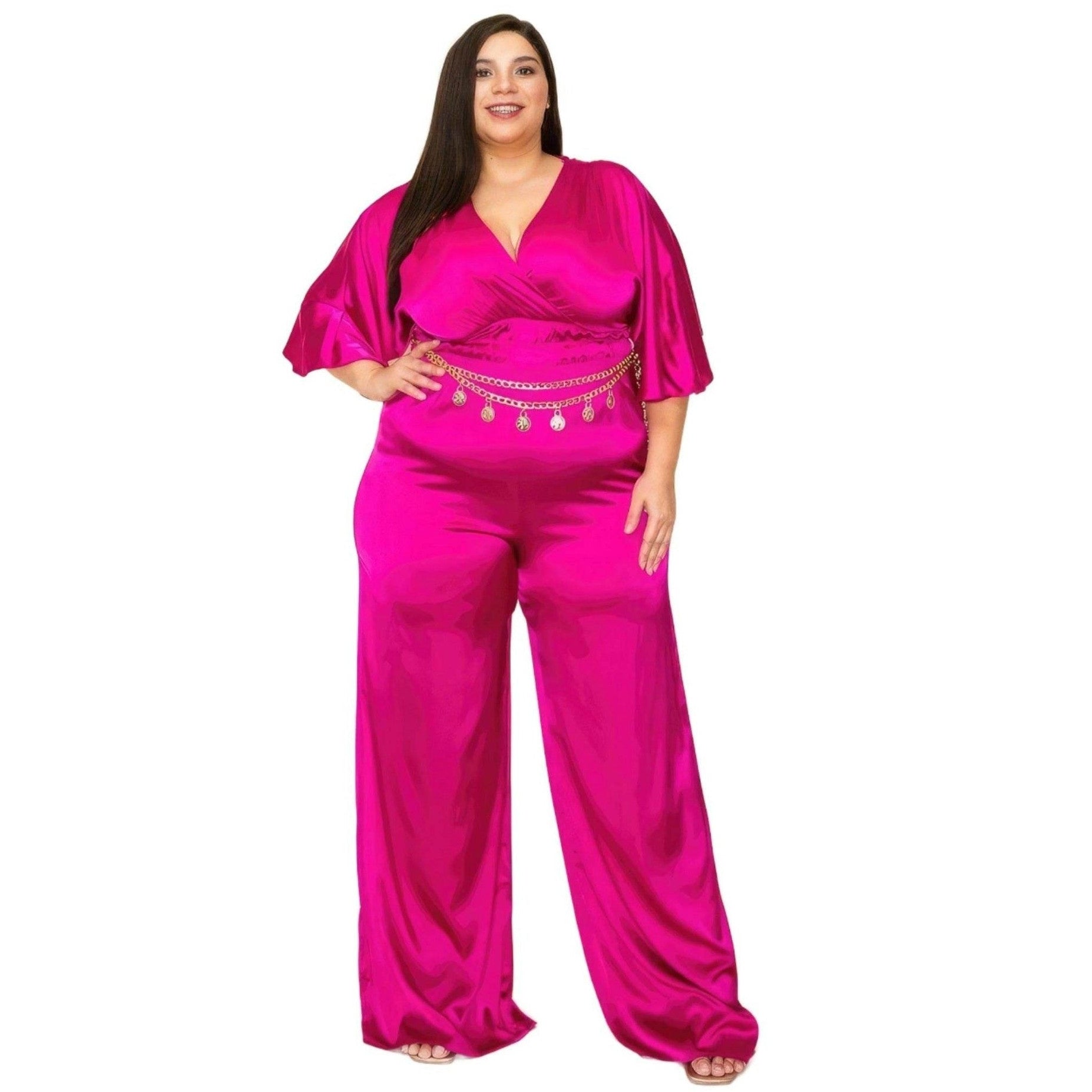 Satin Wrap Front Short Sleeve Smocked Waist Jumpsuit - VacationGrabs