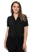 Plus Solid Chiffon Button Down Tie Front Short Sleeve Top - VacationGrabs
