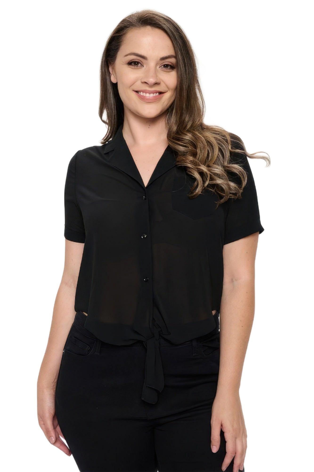 Women's Shirts Plus Solid Chiffon Button Down Tie Front Short Sleeve Top Black
