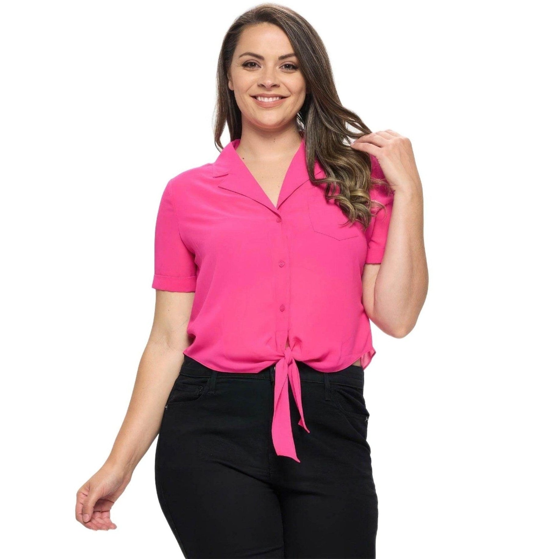 Plus Solid Chiffon Button Down Tie Front Short Sleeve Top - VacationGrabs