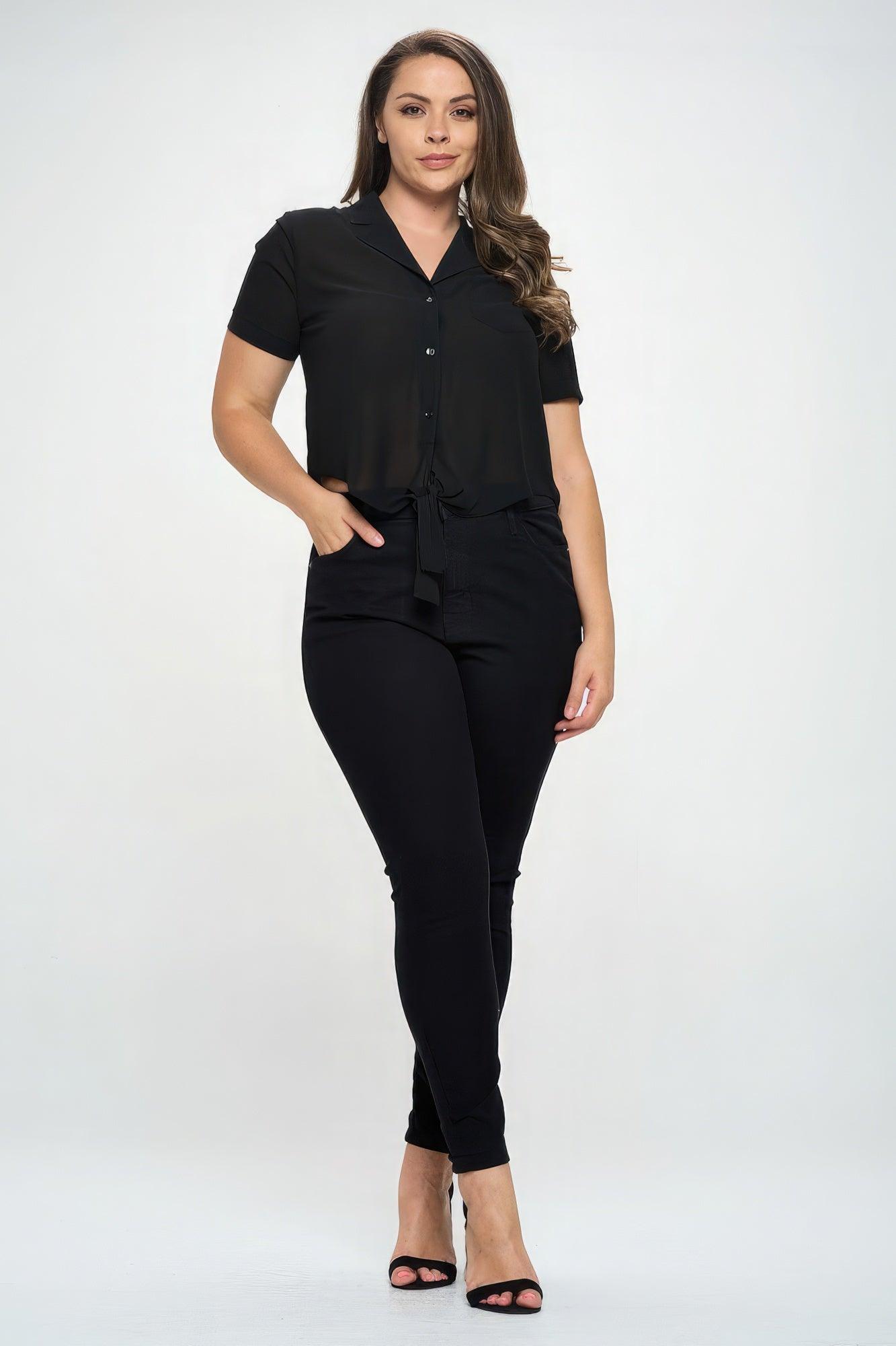 Women's Shirts Plus Solid Chiffon Button Down Tie Front Short Sleeve Top Black