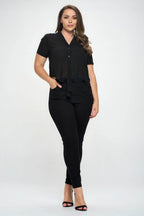 Plus Solid Chiffon Button Down Tie Front Short Sleeve Top - VacationGrabs