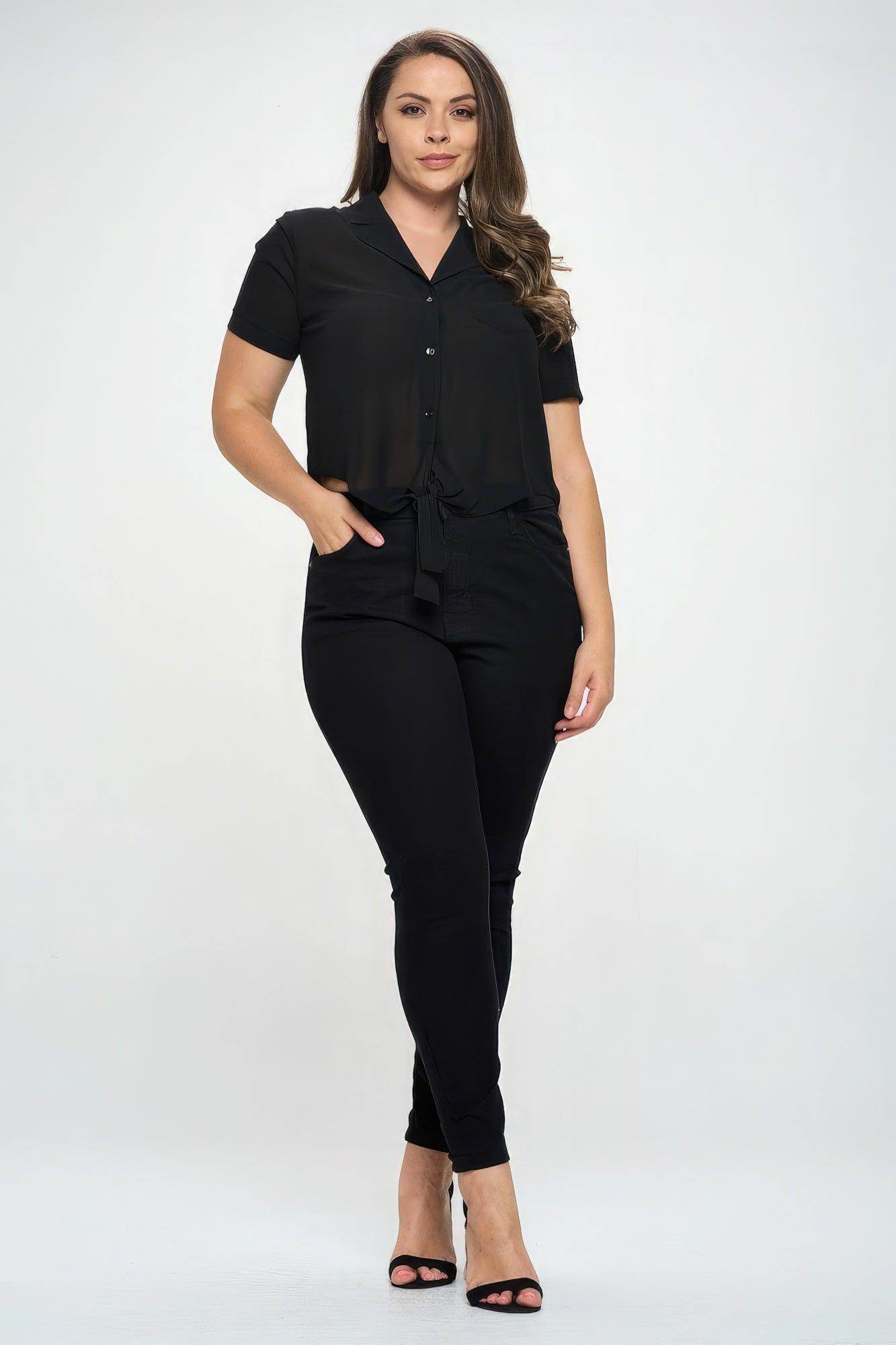 Plus Solid Chiffon Button Down Tie Front Short Sleeve Top - VacationGrabs
