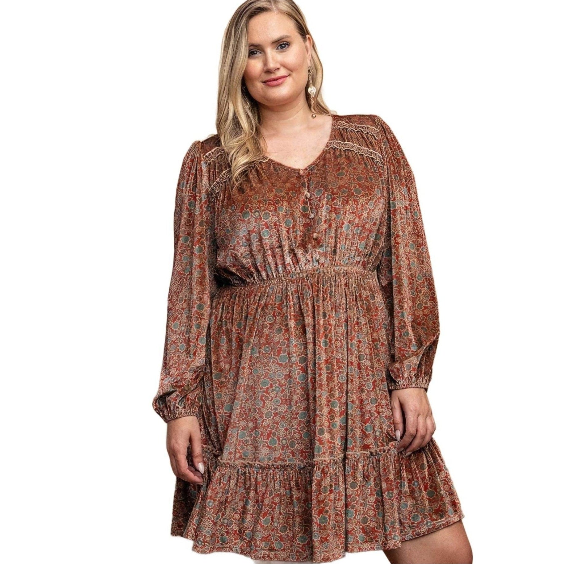 Printed Velvet V-neck Dress With Button Front Detail - VacationGrabs