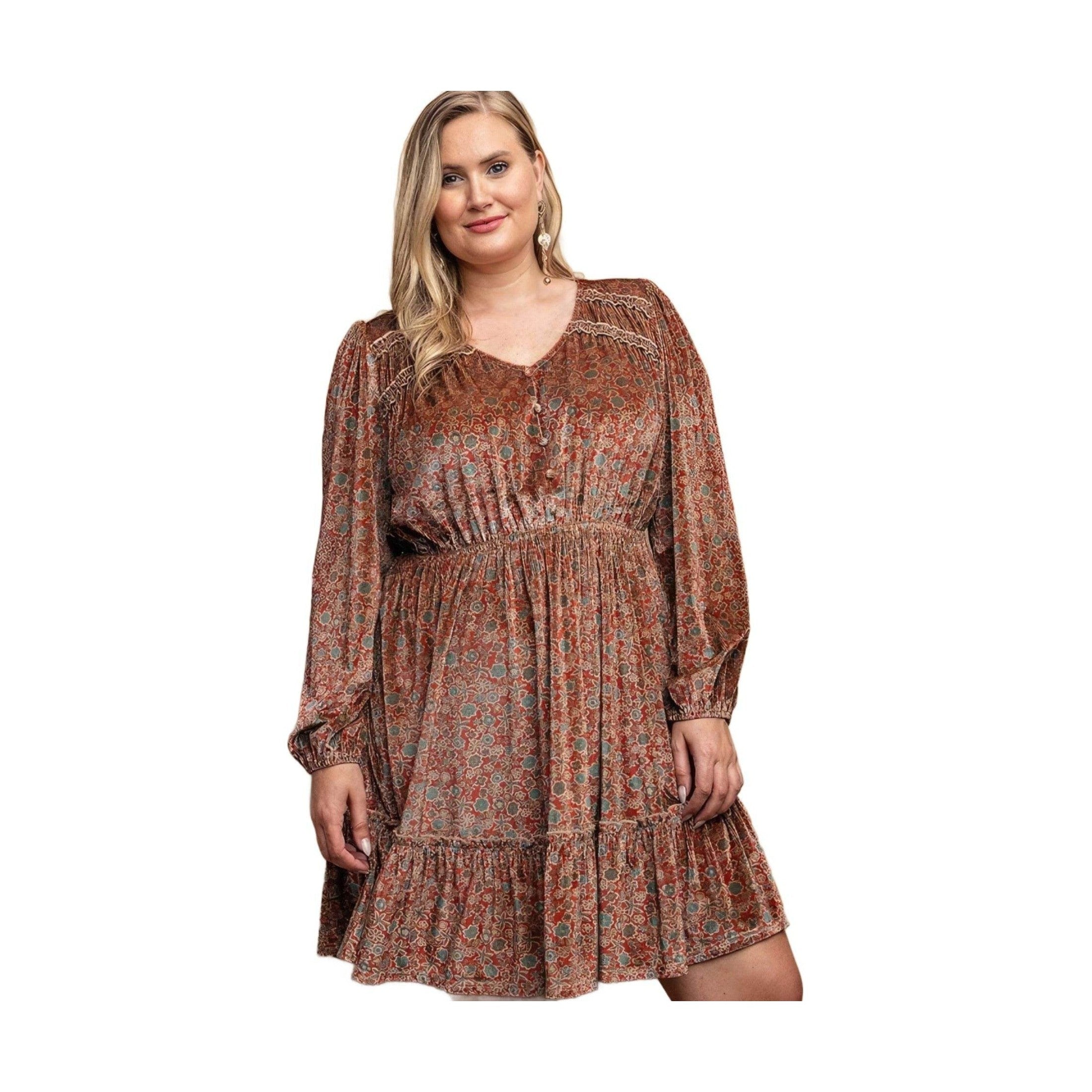 Printed Velvet V-neck Dress With Button Front Detail - VacationGrabs