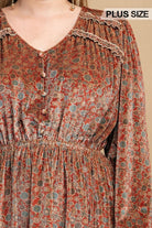 Women's Dresses Printed Velvet V-neck Dress With Button Front Detail
