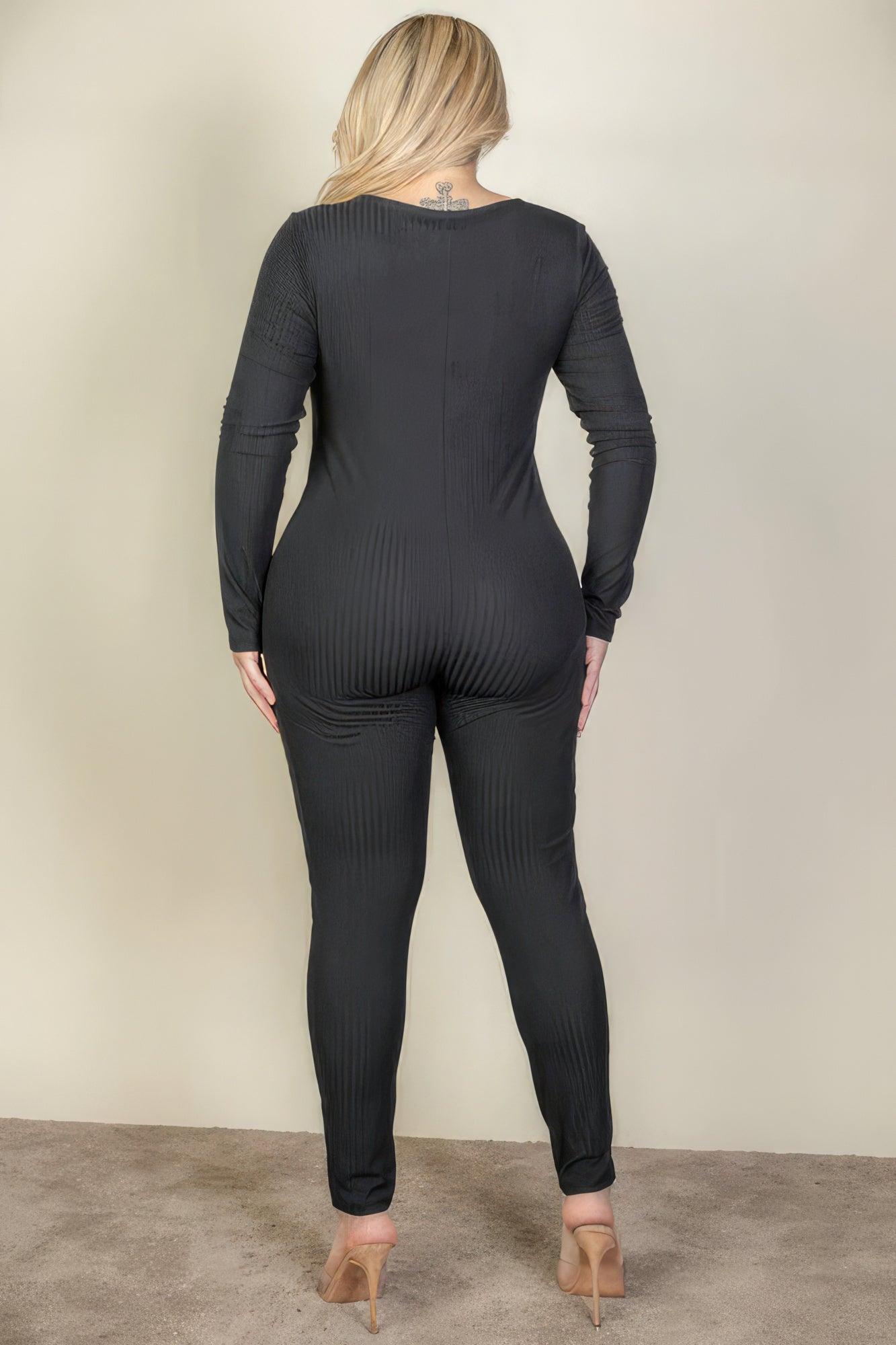 Women's Jumpsuits & Rompers Plus Size Ribbed Scoop Neck Long Sleeve Jumpsuit