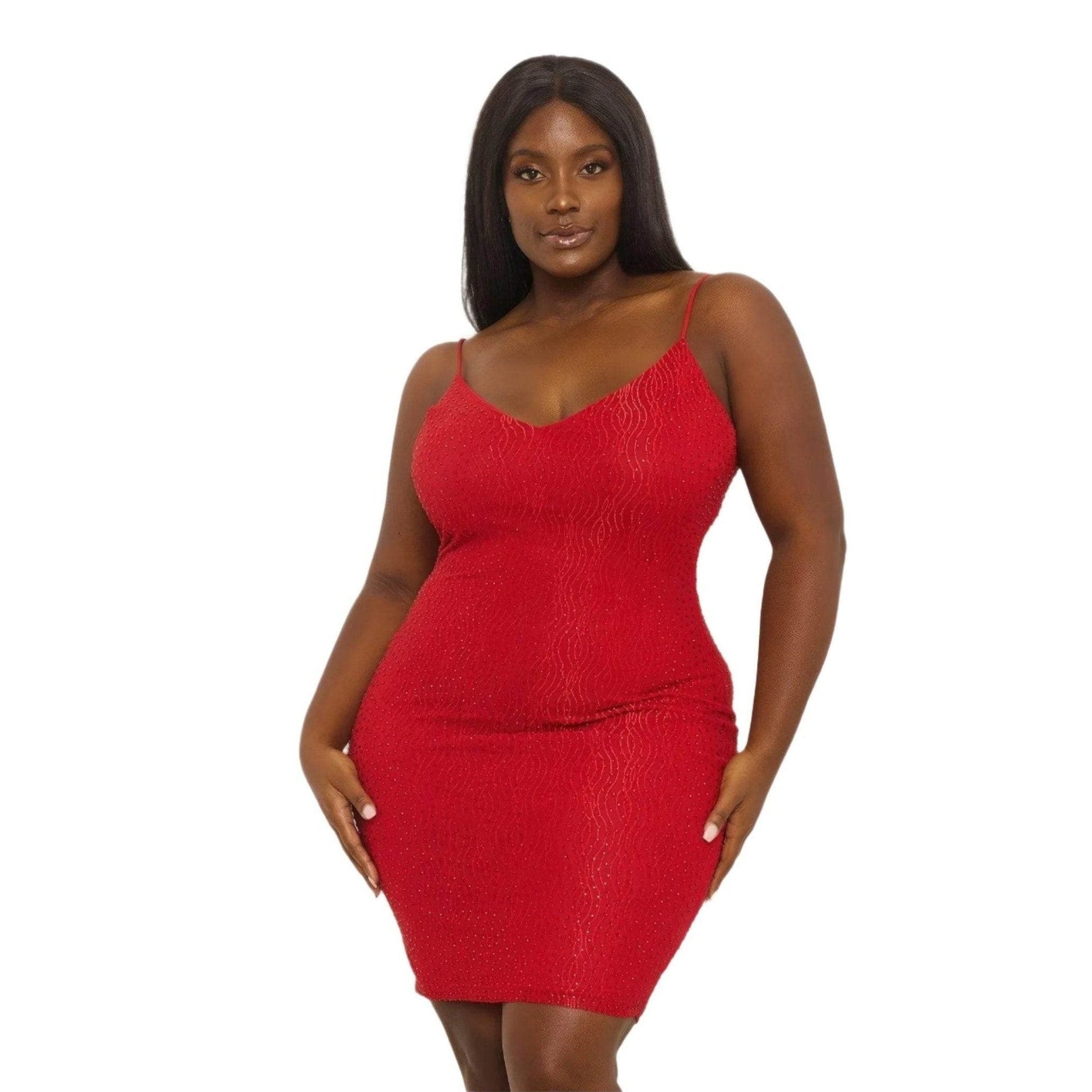 Red Rhinestone Body Plus Size Mini Dress - VacationGrabs