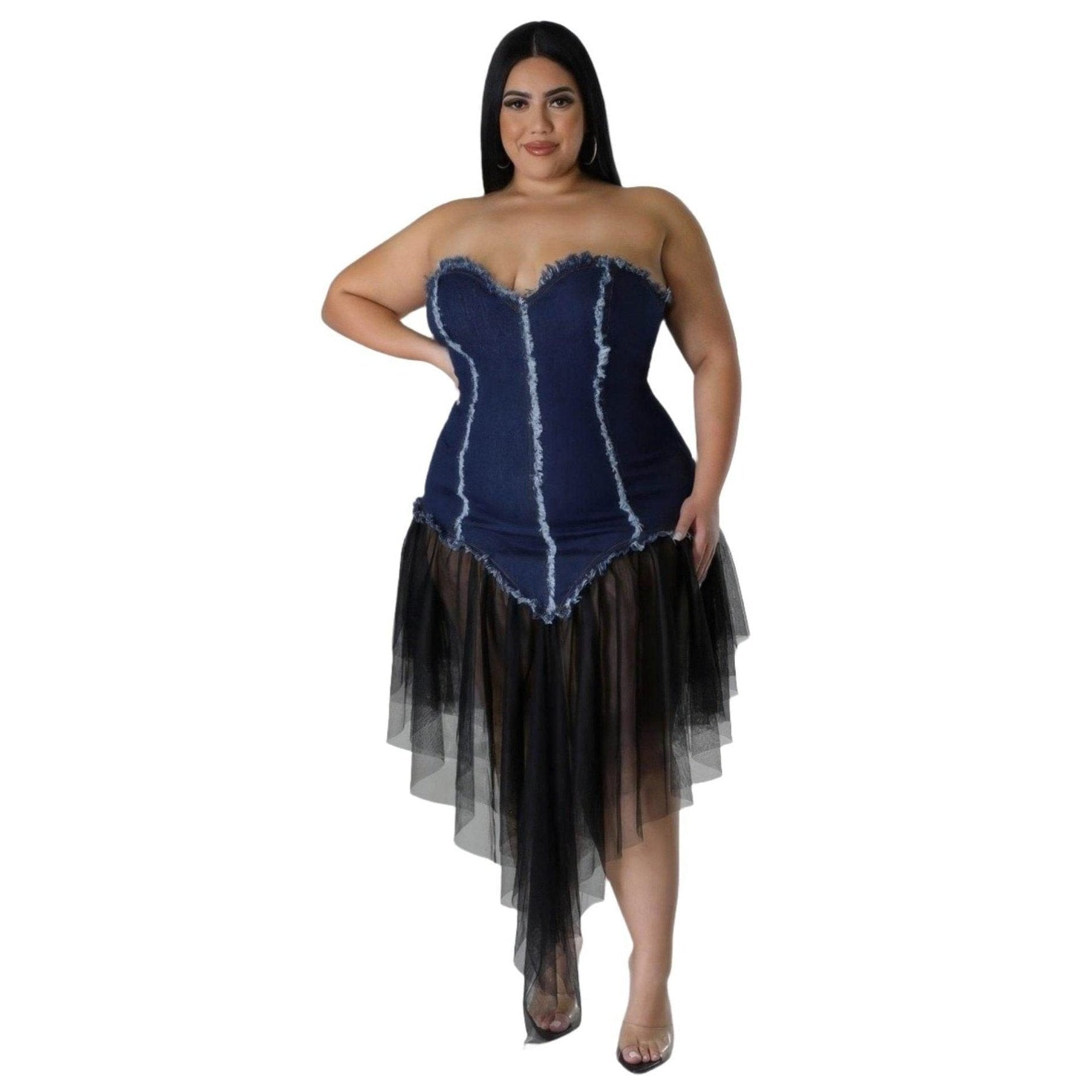 Plus Non-stretch Jean Corset Dress Tulle Hem - VacationGrabs